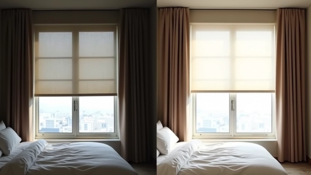 Side-by-side comparison of bedroom window with motorized shade fully closed and partially open, showing light control precision