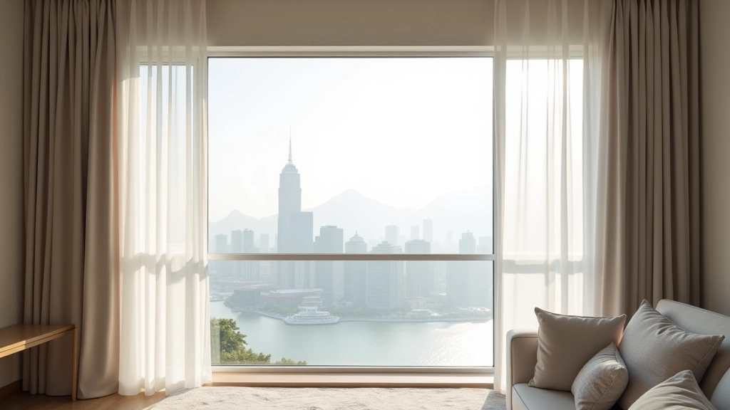 Contemporary living space with layered window treatments combining sheer and blackout panels, urban city view