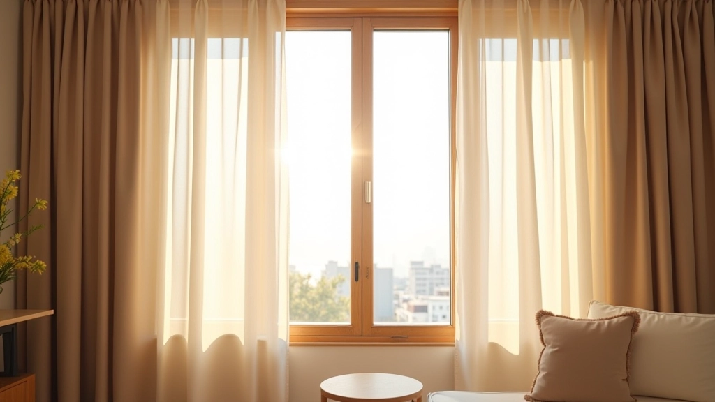 Residential interior with custom-built wooden window frames, layered fabric treatments in neutral tones, soft diffused natural light, cozy atmosphere