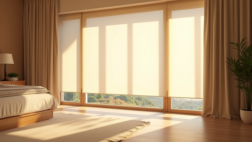 Elegant bedroom with motorized roller shades partially drawn, wooden frame windows, warm afternoon sunlight