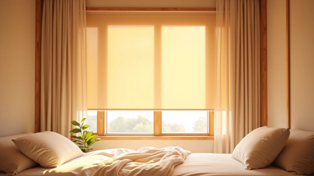 Elegant bedroom interior with partially drawn motorized roller shades, wooden frame windows, warm golden afternoon sunlight illuminating the space