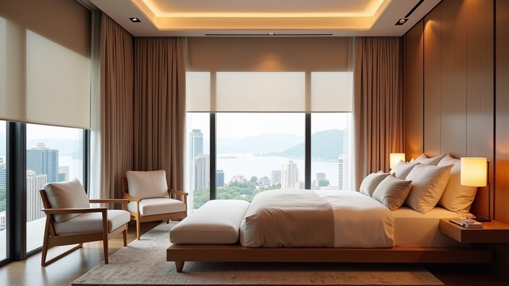Luxury apartment bedroom with motorized blackout shades partially open, designer furniture, warm accent lighting, elegant minimalist style