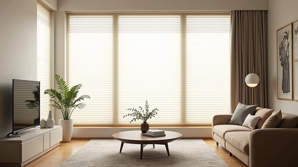 Apartment living room with modern furniture and honeycomb shades installed, showing both light filtering and view preservation