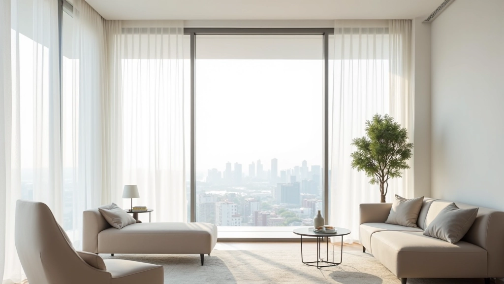 Modern penthouse living room with floor-to-ceiling glass walls, minimalist sheer curtains, spectacular city skyline view, contemporary furniture
