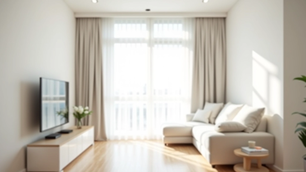 Modern small apartment interior with white walls, wooden flooring, and large mirror reflecting natural light from windows near sofa