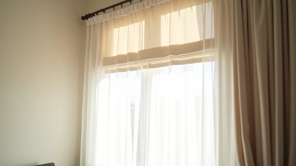 Interior shot showing roman shade mounted on window frame with sheer curtain layer in front, demonstrating proper layering installation on residential window